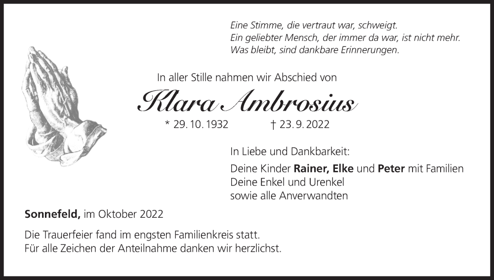  Traueranzeige für Klara Ambrosius vom 08.10.2022 aus MGO