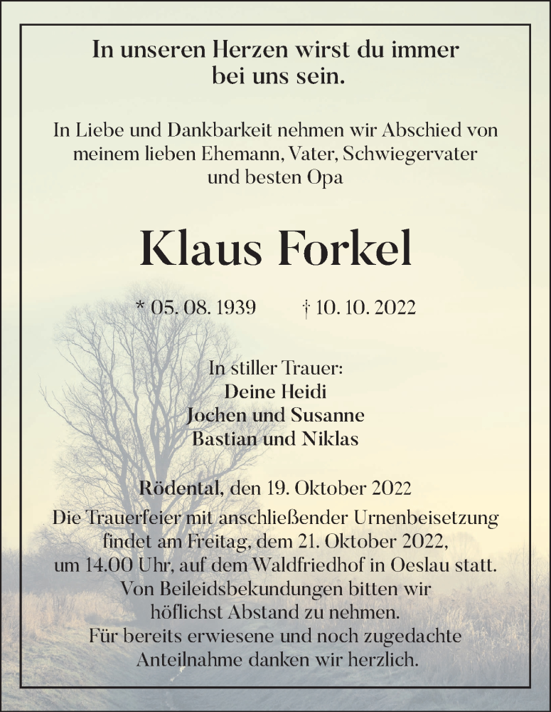  Traueranzeige für Klaus Forkel vom 19.10.2022 aus MGO