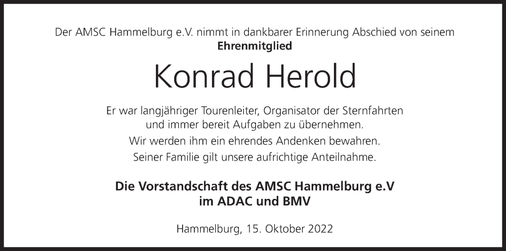  Traueranzeige für Konrad Herold vom 15.10.2022 aus MGO