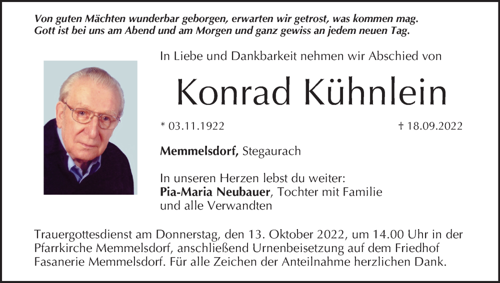 Traueranzeige für Konrad Kühnlein vom 08.10.2022 aus MGO