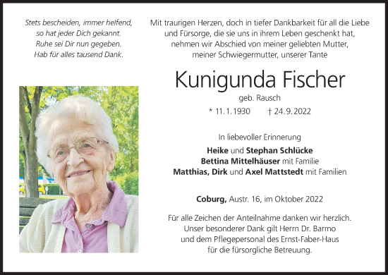 Anzeige von Kunigunda Fischer von MGO