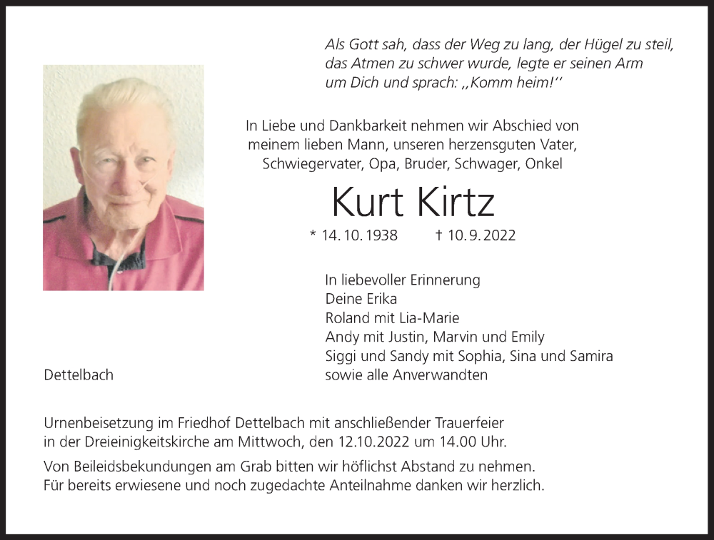  Traueranzeige für Kurt Kirtz vom 08.10.2022 aus MGO