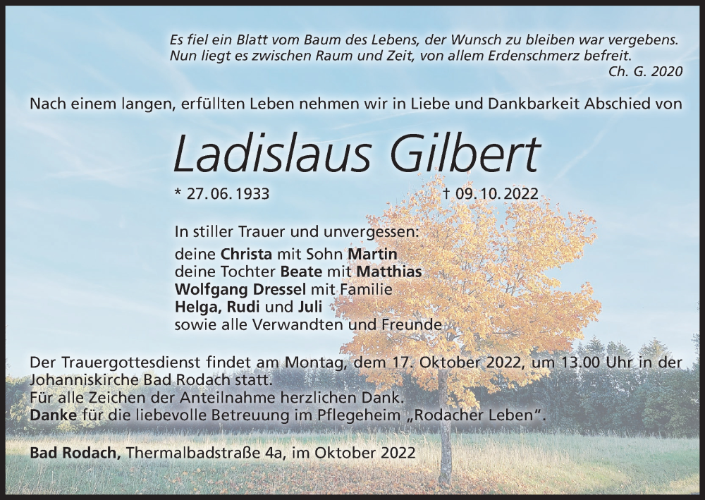  Traueranzeige für Ladislaus Gilbert vom 13.10.2022 aus MGO