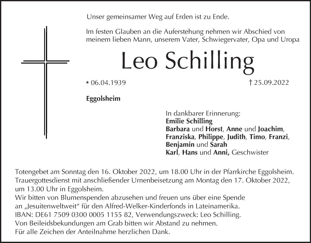  Traueranzeige für Leo Schilling vom 12.10.2022 aus MGO
