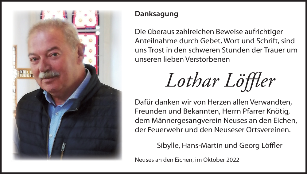  Traueranzeige für Lothar Löffler vom 15.10.2022 aus MGO