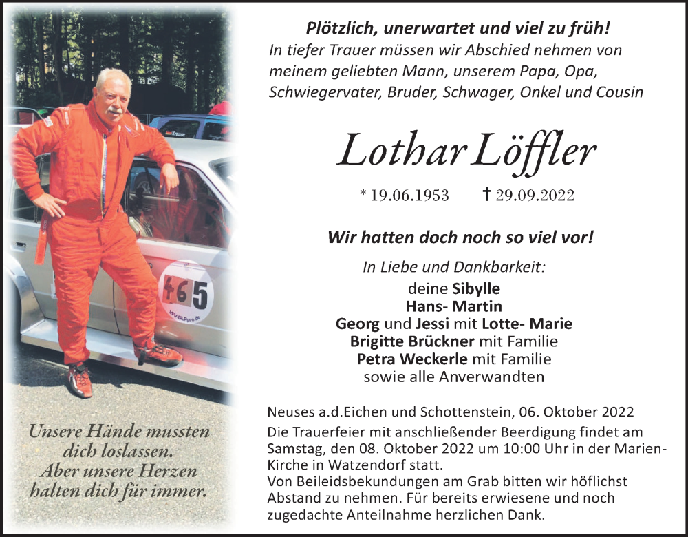  Traueranzeige für Lothar Löffler vom 06.10.2022 aus MGO
