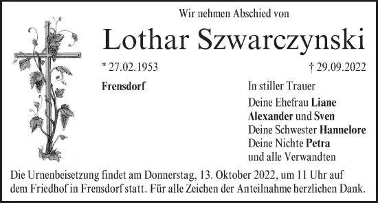 Anzeige von Lothar Szwarczynski von MGO
