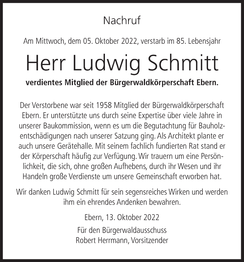  Traueranzeige für Ludwig Schmitt vom 15.10.2022 aus MGO