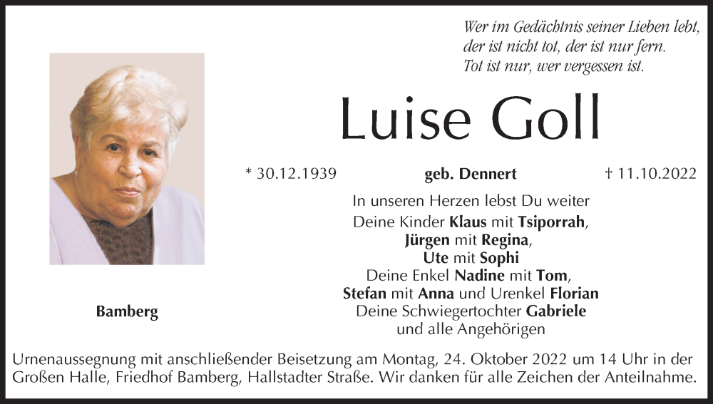  Traueranzeige für Luise Goll vom 15.10.2022 aus MGO