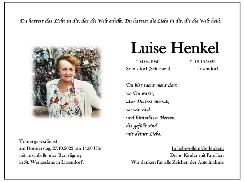  Traueranzeige für Luise Henkel vom 22.10.2022 aus MGO