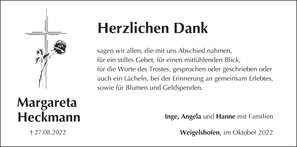  Traueranzeige für Margareta Heckmann vom 08.10.2022 aus MGO