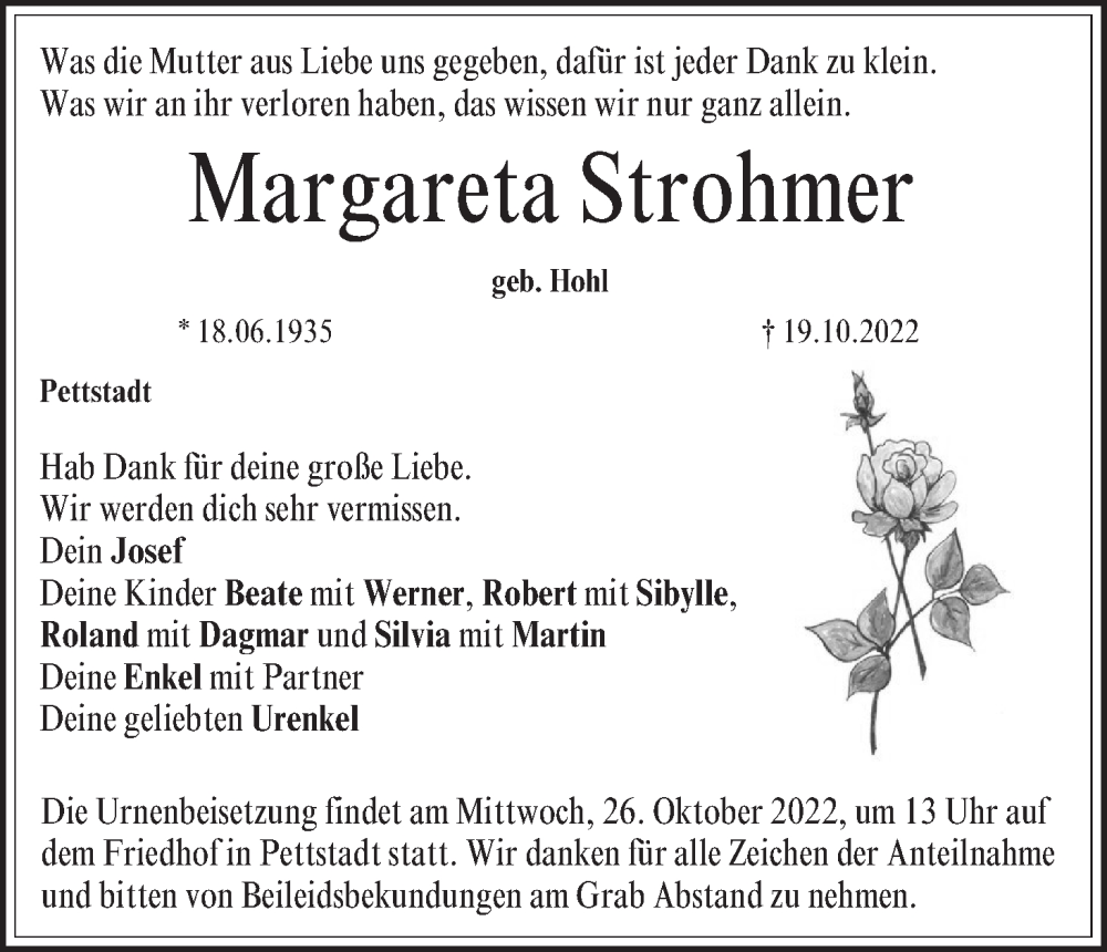  Traueranzeige für Margareta Strohmer vom 22.10.2022 aus MGO