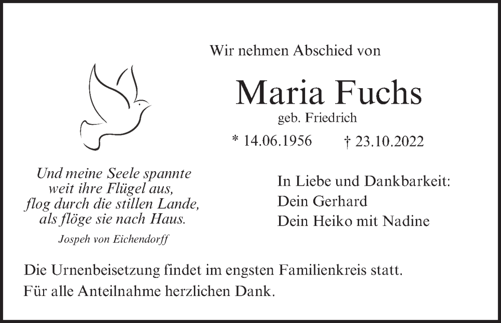  Traueranzeige für Maria Fuchs vom 29.10.2022 aus MGO