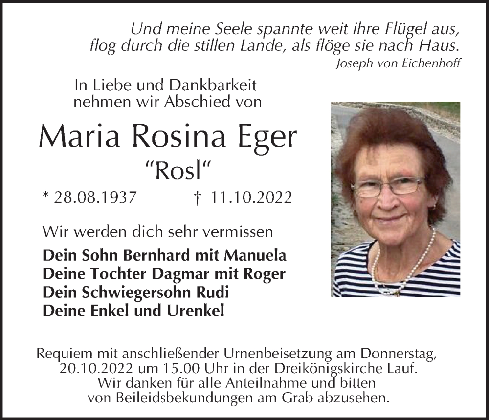  Traueranzeige für Maria Rosina Eger vom 17.10.2022 aus MGO