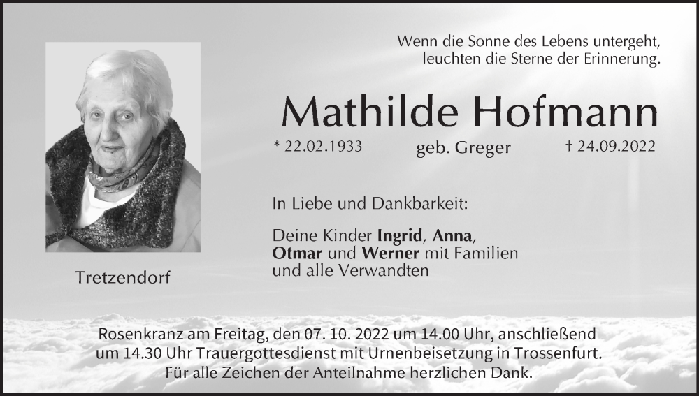  Traueranzeige für Mathilde Hofmann vom 04.10.2022 aus MGO