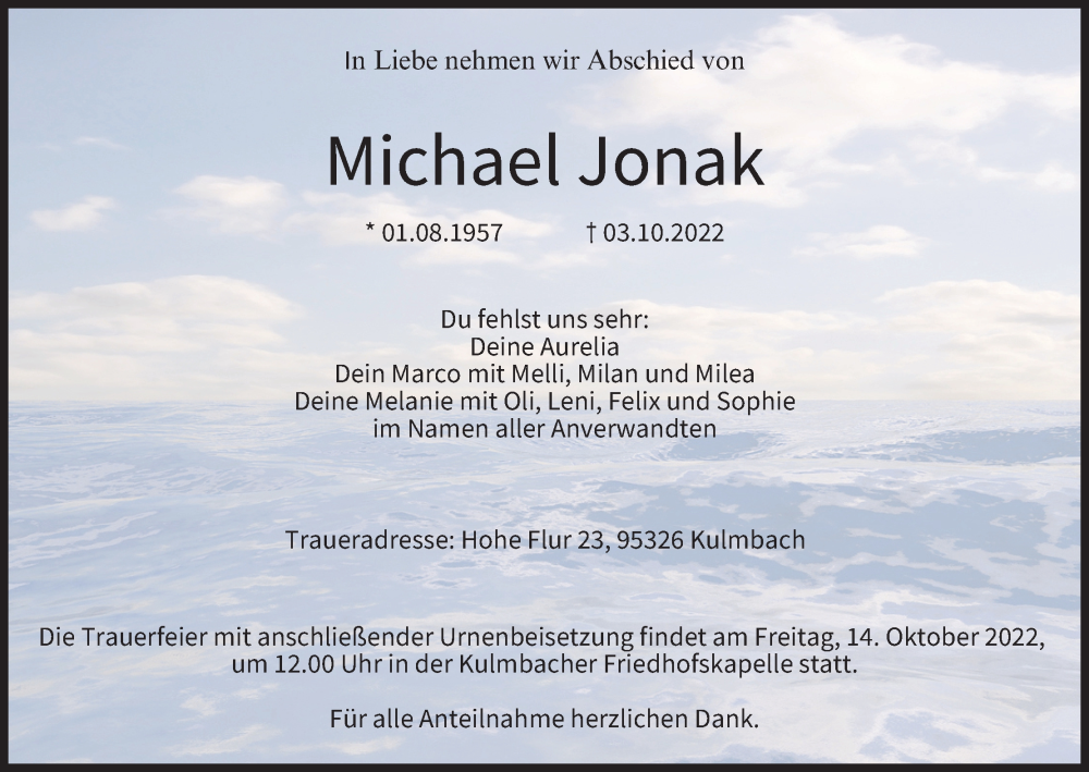  Traueranzeige für Michael Jonak vom 12.10.2022 aus MGO