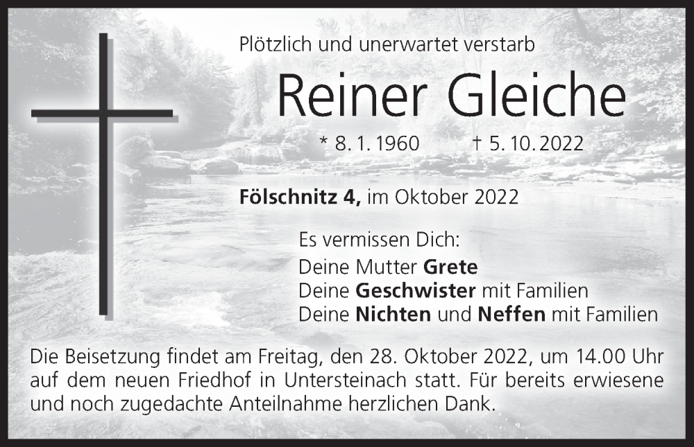  Traueranzeige für Reiner Gleiche vom 25.10.2022 aus MGO