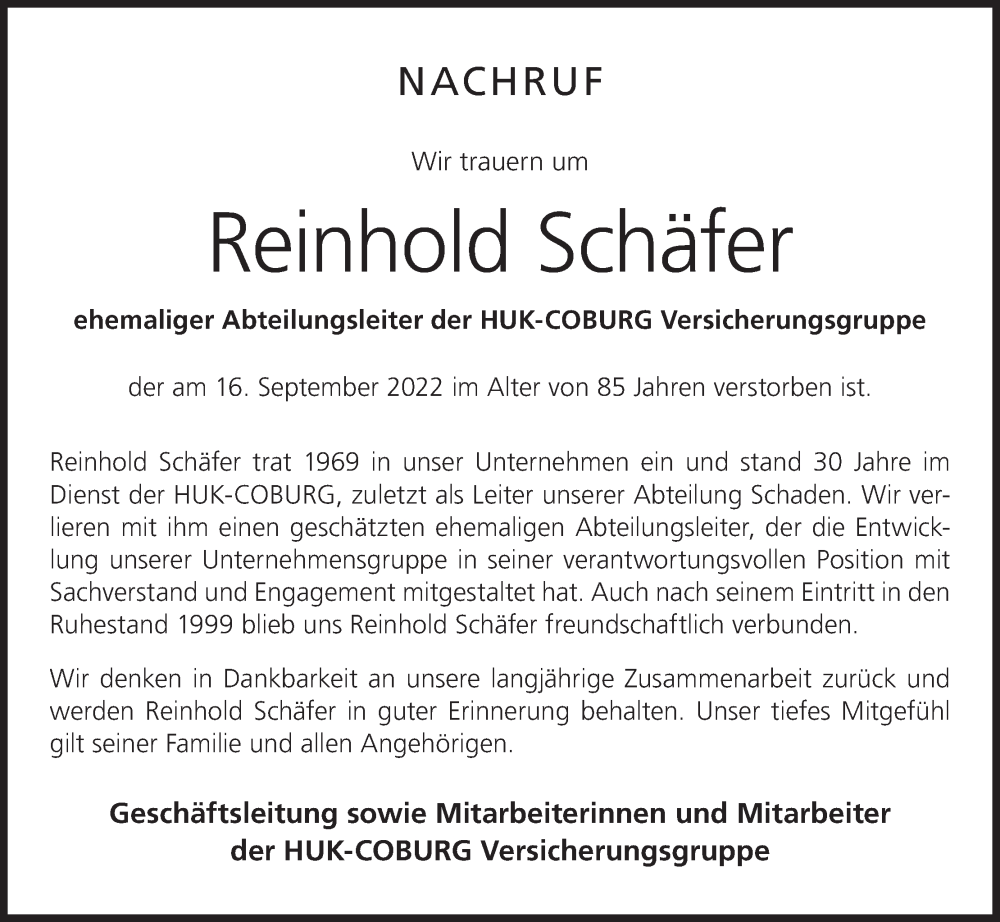  Traueranzeige für Reinhold Schäfer vom 22.10.2022 aus MGO