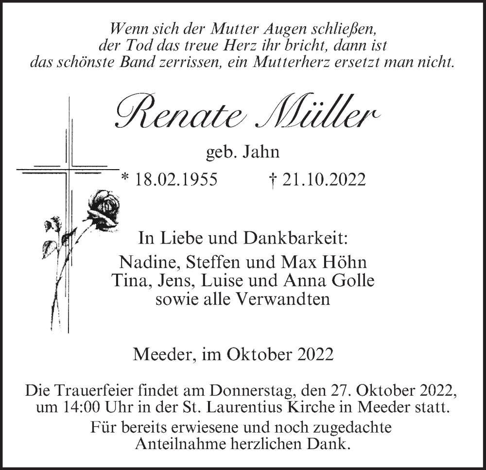  Traueranzeige für Renate Müller vom 22.10.2022 aus MGO