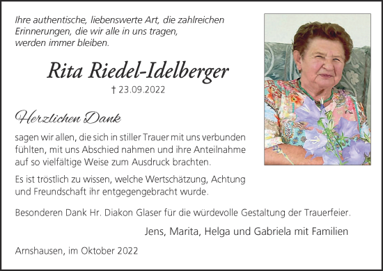 Anzeige von Rita Riedel-Idelberger von MGO