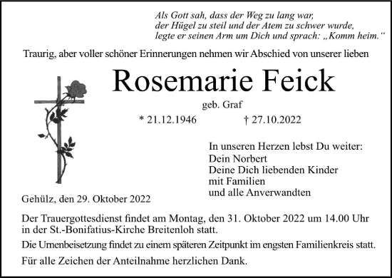 Anzeige von Rosemarie Feick von MGO