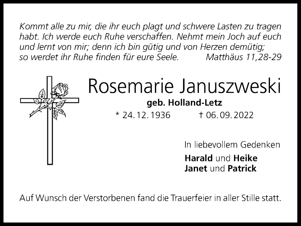 Traueranzeige für Rosemarie Januszweski vom 10.10.2022 aus MGO