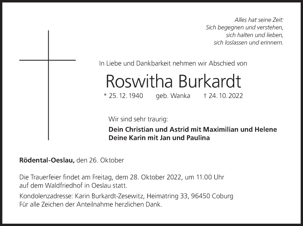  Traueranzeige für Roswitha Burkardt vom 26.10.2022 aus MGO
