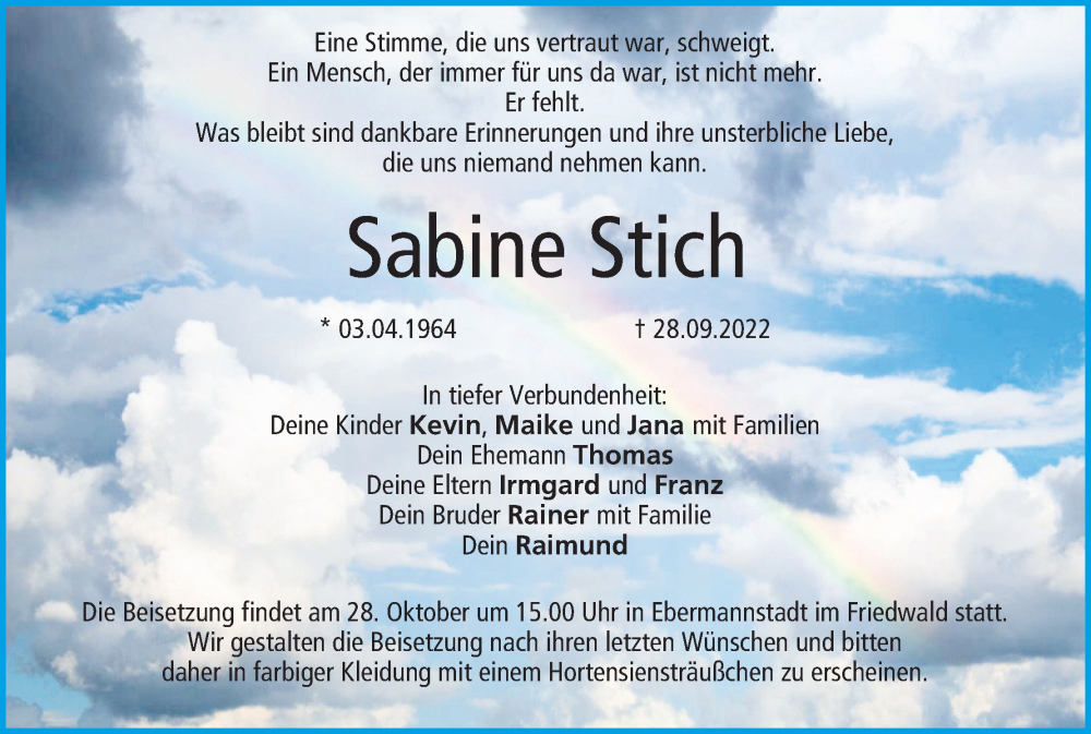  Traueranzeige für Sabine Stich vom 15.10.2022 aus MGO