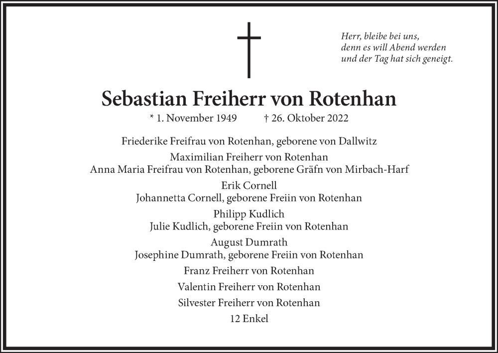 Traueranzeige für Sebastian  Freiherr von Rotenhan vom 29.10.2022 aus MGO