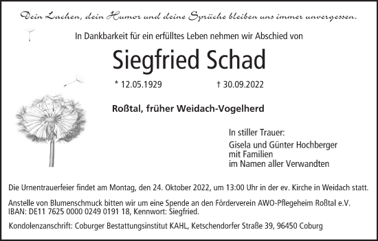 Anzeige von Siegfried Schad von MGO