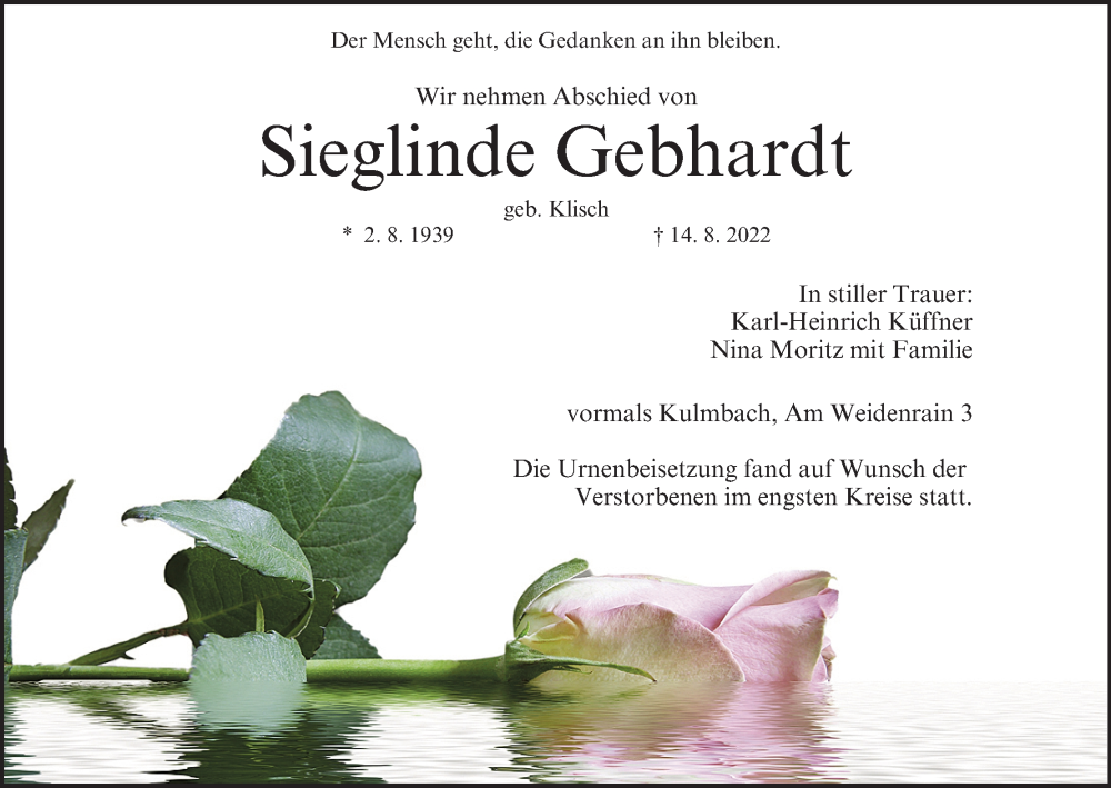  Traueranzeige für Sieglinde Gebhardt vom 15.10.2022 aus MGO