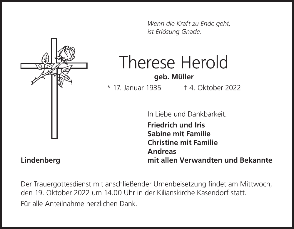  Traueranzeige für Therese Herold vom 15.10.2022 aus MGO