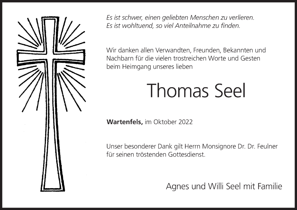  Traueranzeige für Thomas Seel vom 08.10.2022 aus MGO