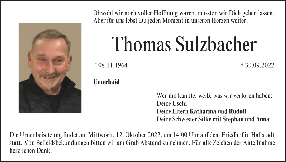  Traueranzeige für Thomas Sulzbacher vom 08.10.2022 aus MGO