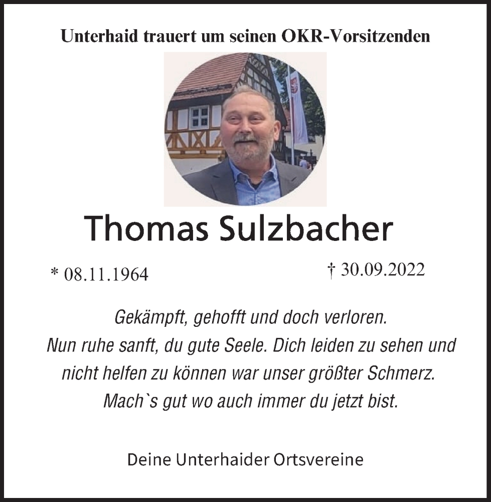  Traueranzeige für Thomas Sulzbacher vom 08.10.2022 aus MGO