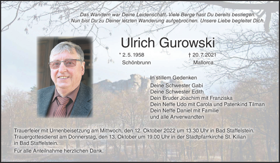Anzeige von Ulrich Gurowski von MGO