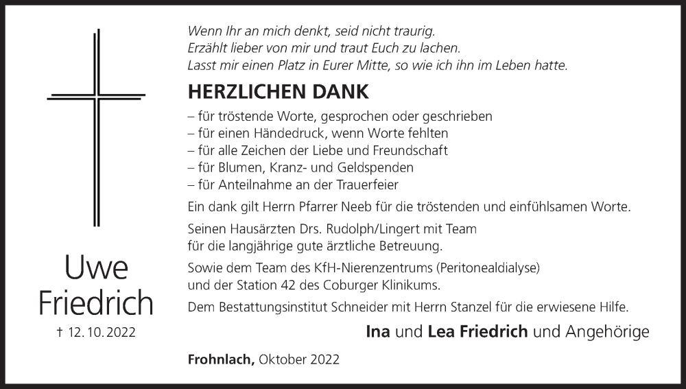  Traueranzeige für Uwe Friedrich vom 29.10.2022 aus MGO