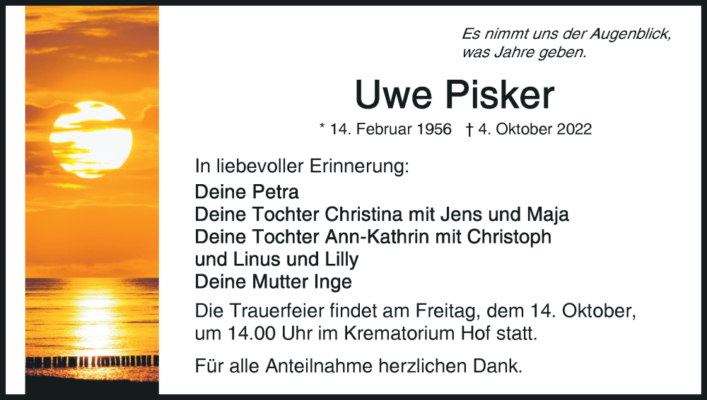  Traueranzeige für Uwe Pisker vom 12.10.2022 aus MGO