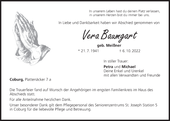 Anzeige von Vera Baumgart von MGO