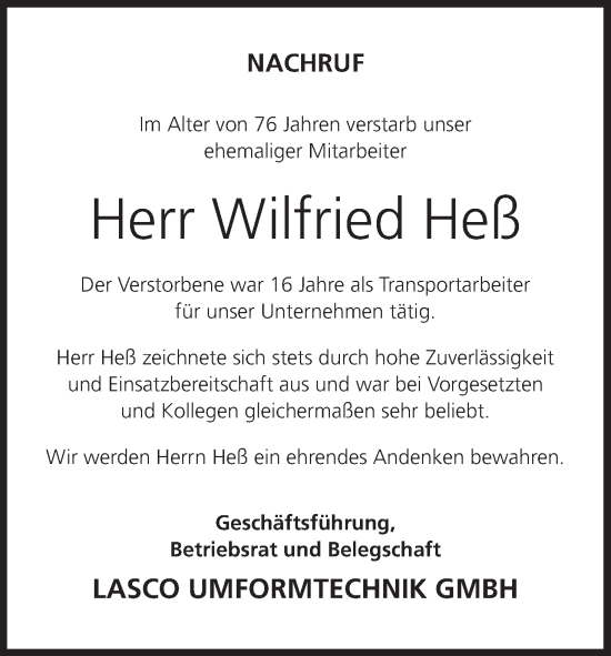 Anzeige von Wilfried Heß von MGO