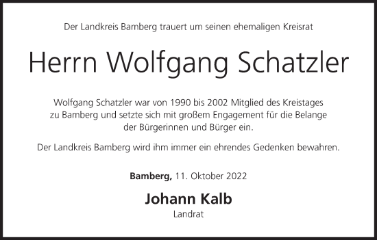 Anzeige von Wolfgang Schatzler von MGO
