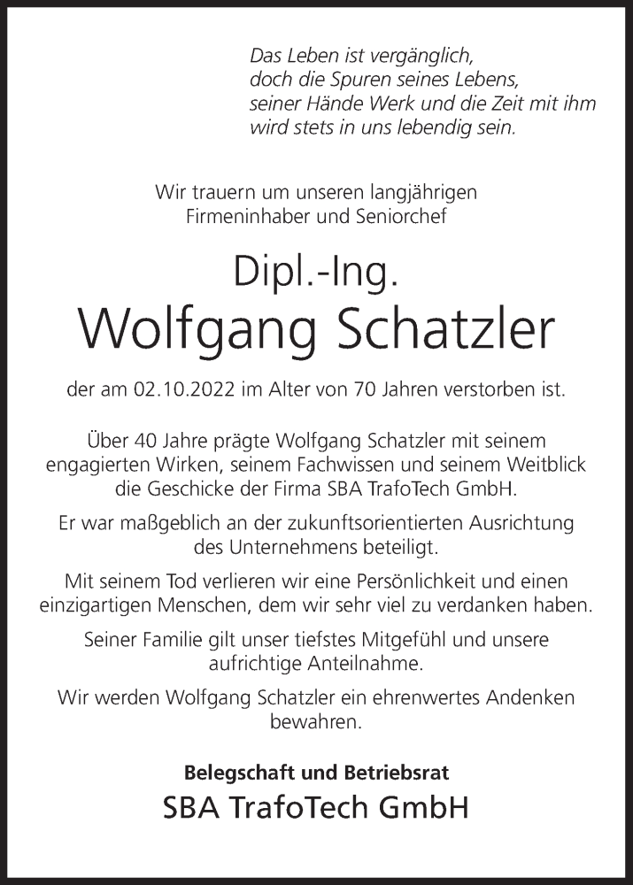  Traueranzeige für Wolfgang Schatzler vom 08.10.2022 aus MGO