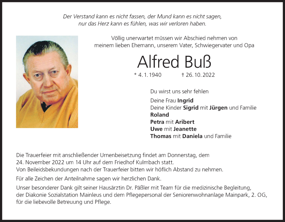  Traueranzeige für Alfred Buß vom 19.11.2022 aus MGO