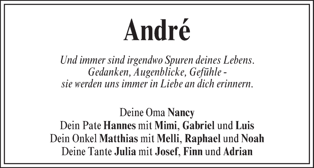  Traueranzeige für Andre  vom 14.11.2022 aus MGO