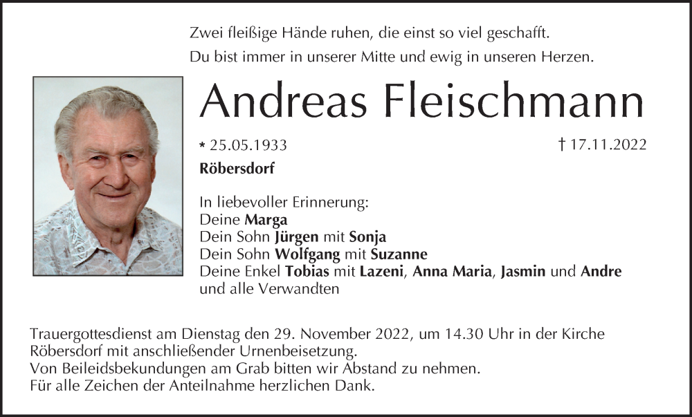  Traueranzeige für Andreas Fleischmann vom 26.11.2022 aus MGO