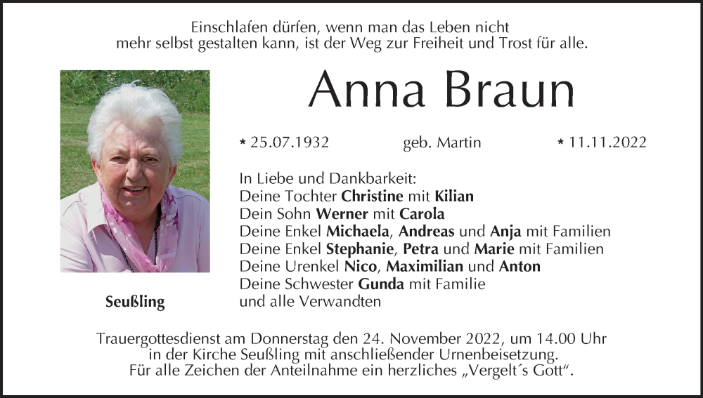  Traueranzeige für Anna Braun vom 19.11.2022 aus MGO