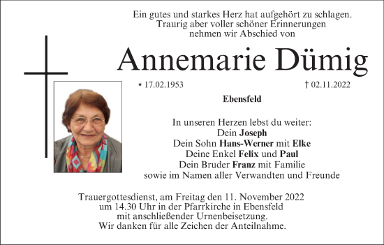 Anzeige von Annemarie Dümig von MGO