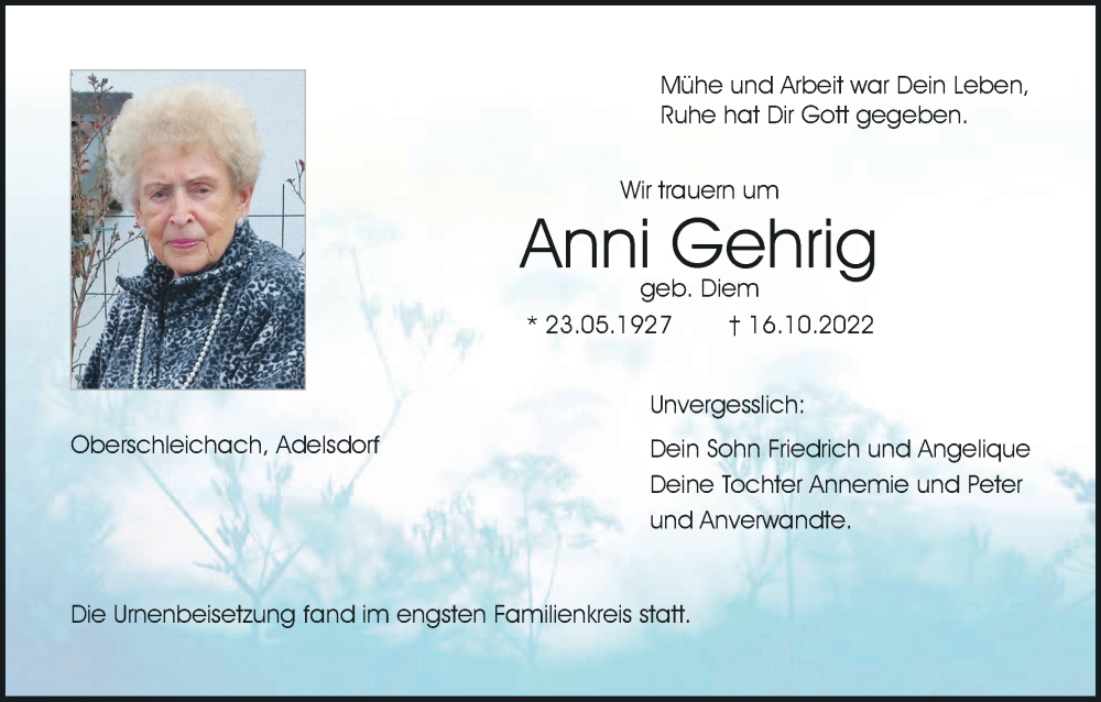  Traueranzeige für Anni Gehrig vom 19.11.2022 aus MGO