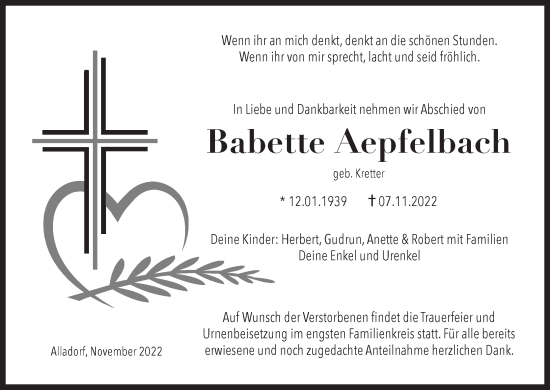 Anzeige von Babette Aepfelbach von MGO