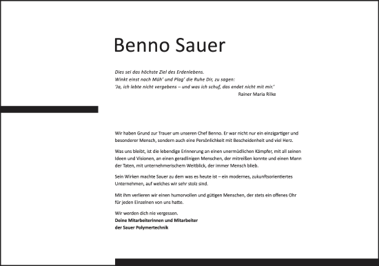 Anzeige von Benno Sauer von MGO